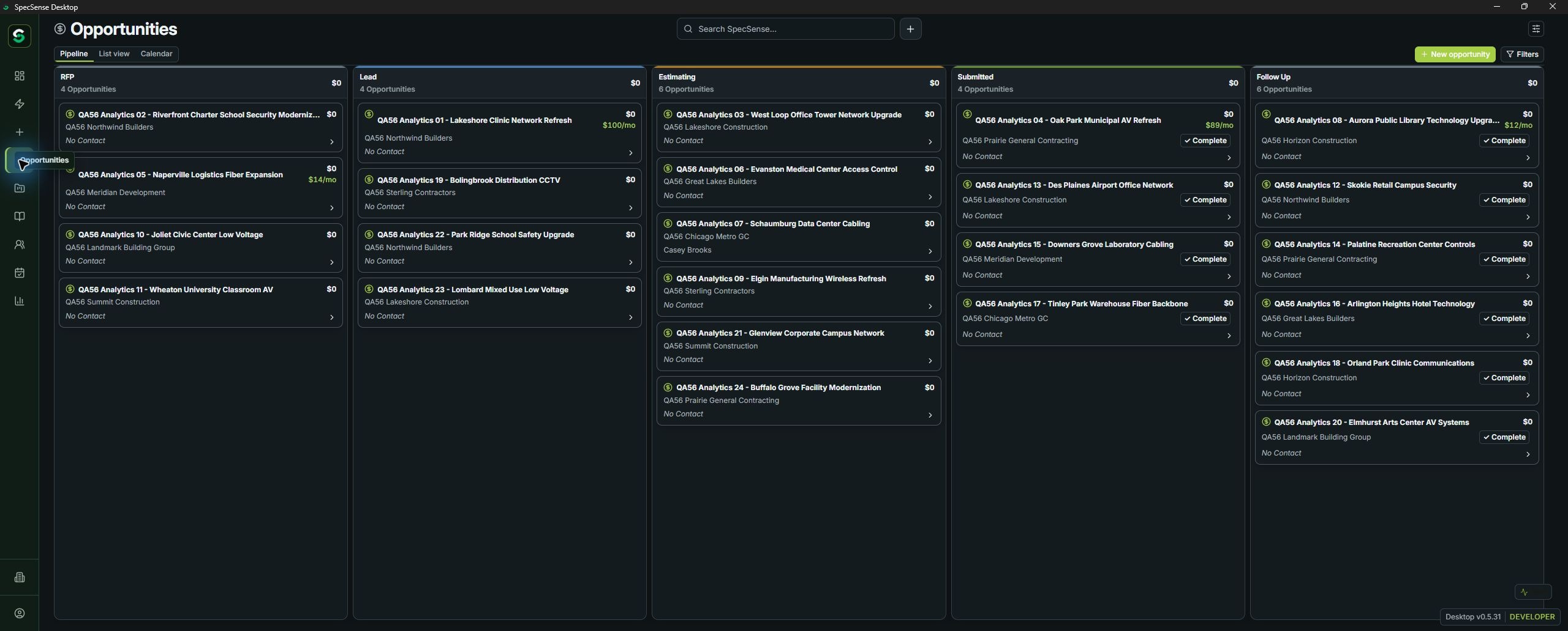 SpecSense Bid Board with populated demonstration opportunities and project stages