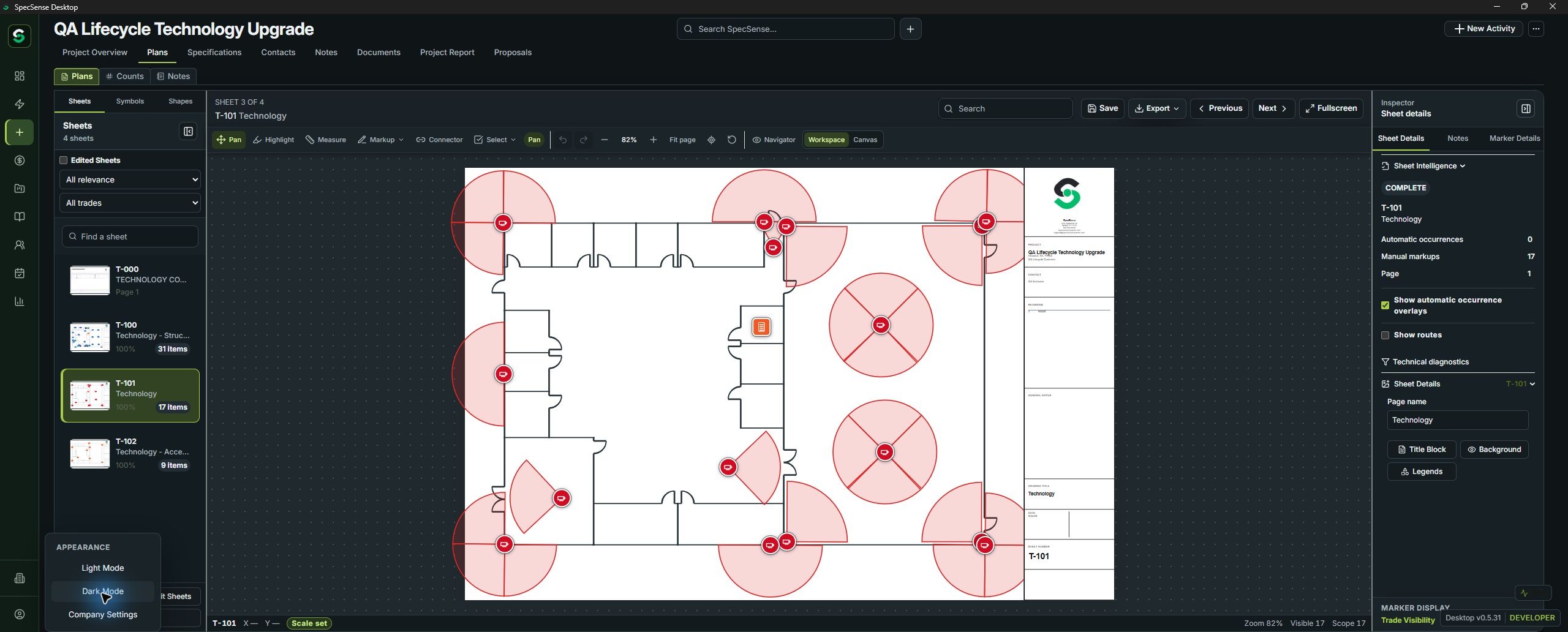 SpecSense camera design workspace with cameras and approximate field-of-view coverage overlays