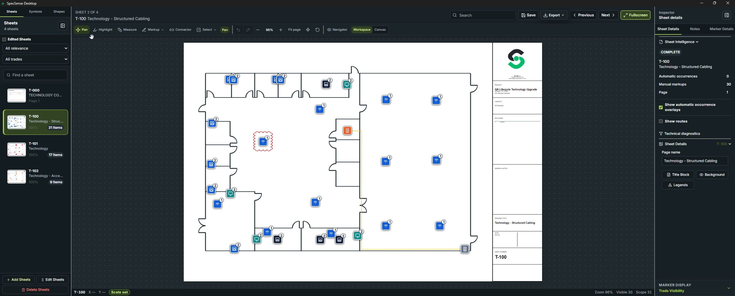 SpecSense drawing workspace with symbol library, plan canvas, and inspector panels