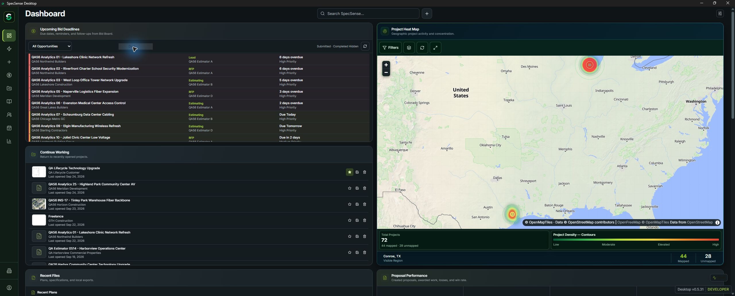 SpecSense Dashboard with upcoming bid deadlines, recent work, and the Project Heat Map