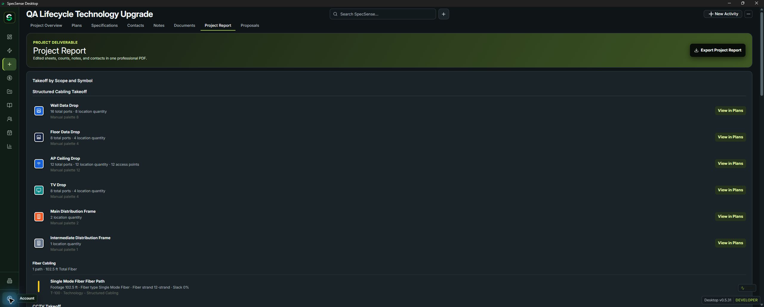 SpecSense take off and estimate view from the QA Lifecycle Technology Upgrade demo project