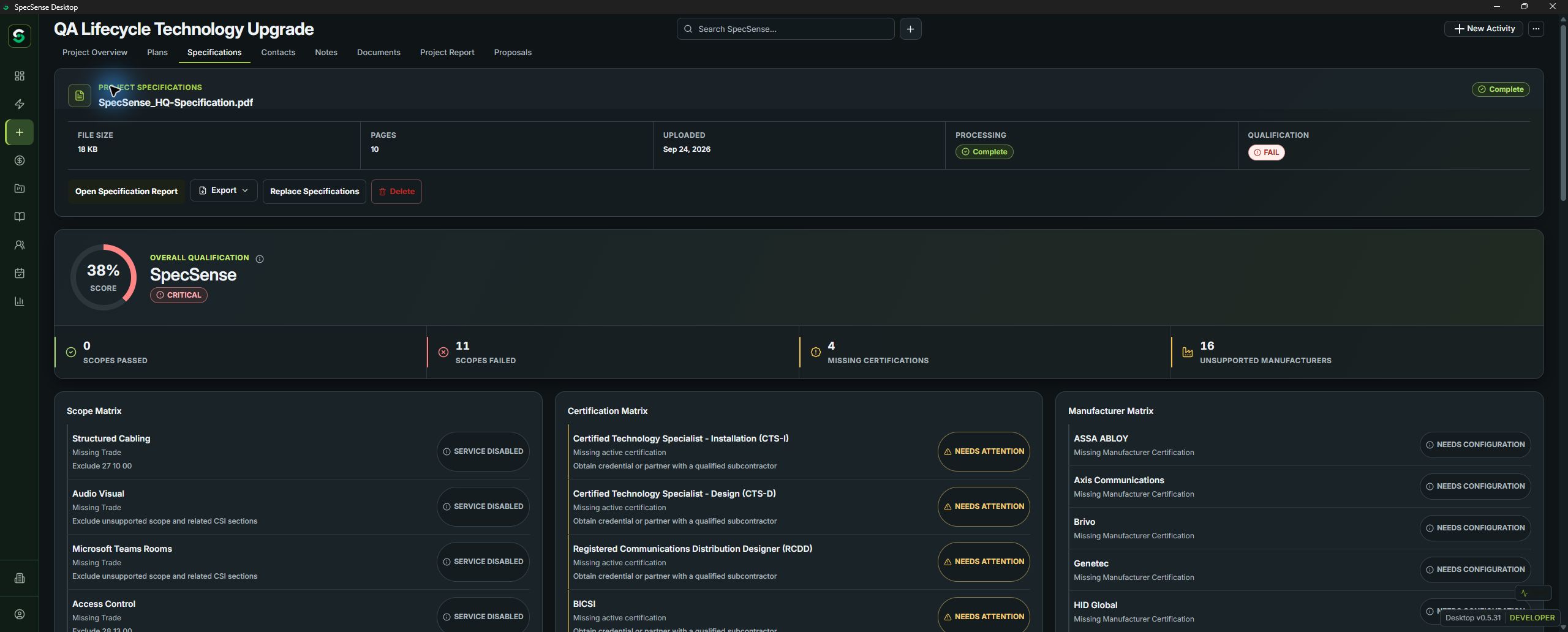SpecSense populated specification qualification summary for the QA Lifecycle Technology Upgrade demo project.