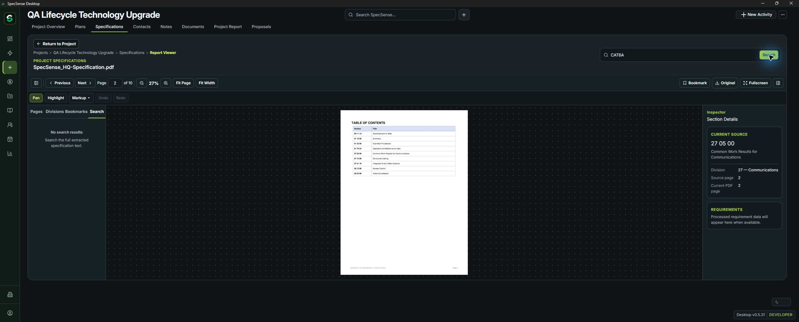 SpecSense analyze the opportunity view from the QA Lifecycle Technology Upgrade demo project