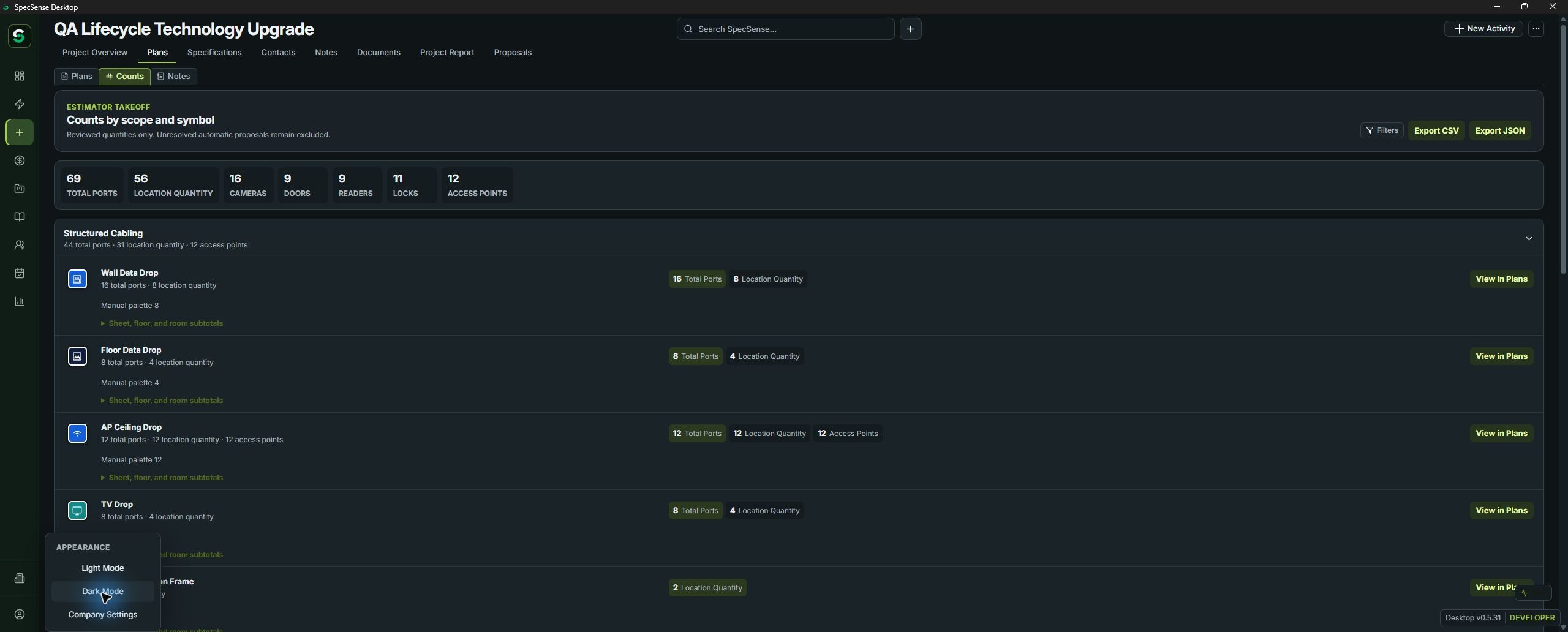 SpecSense takeoff quantities organized by symbol and scope