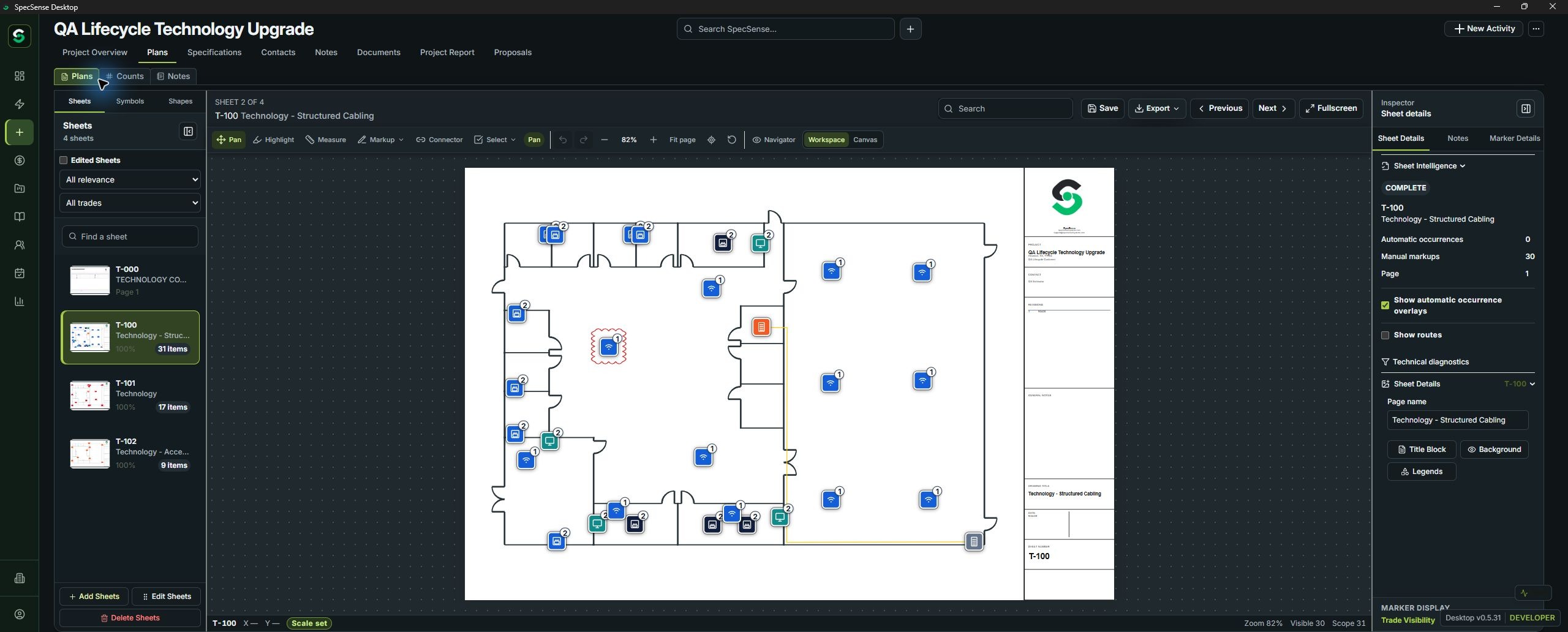 SpecSense design workspace with a populated low-voltage plan and device layout